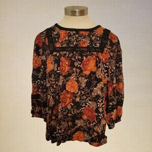 Maurices Boho Black Blouse Orange Red Rose Print Prairie Collar M